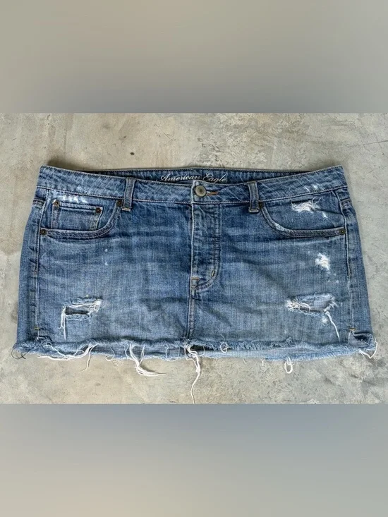 American Eagle Outfitters Distressed Denim Mini Skirt - Blue Wash - Size 12 - Picture 1 of 10